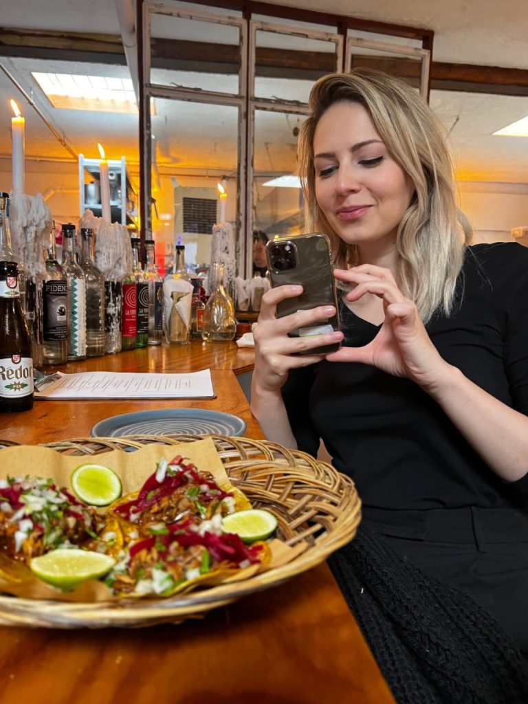 Andra eating tacos at bacalar